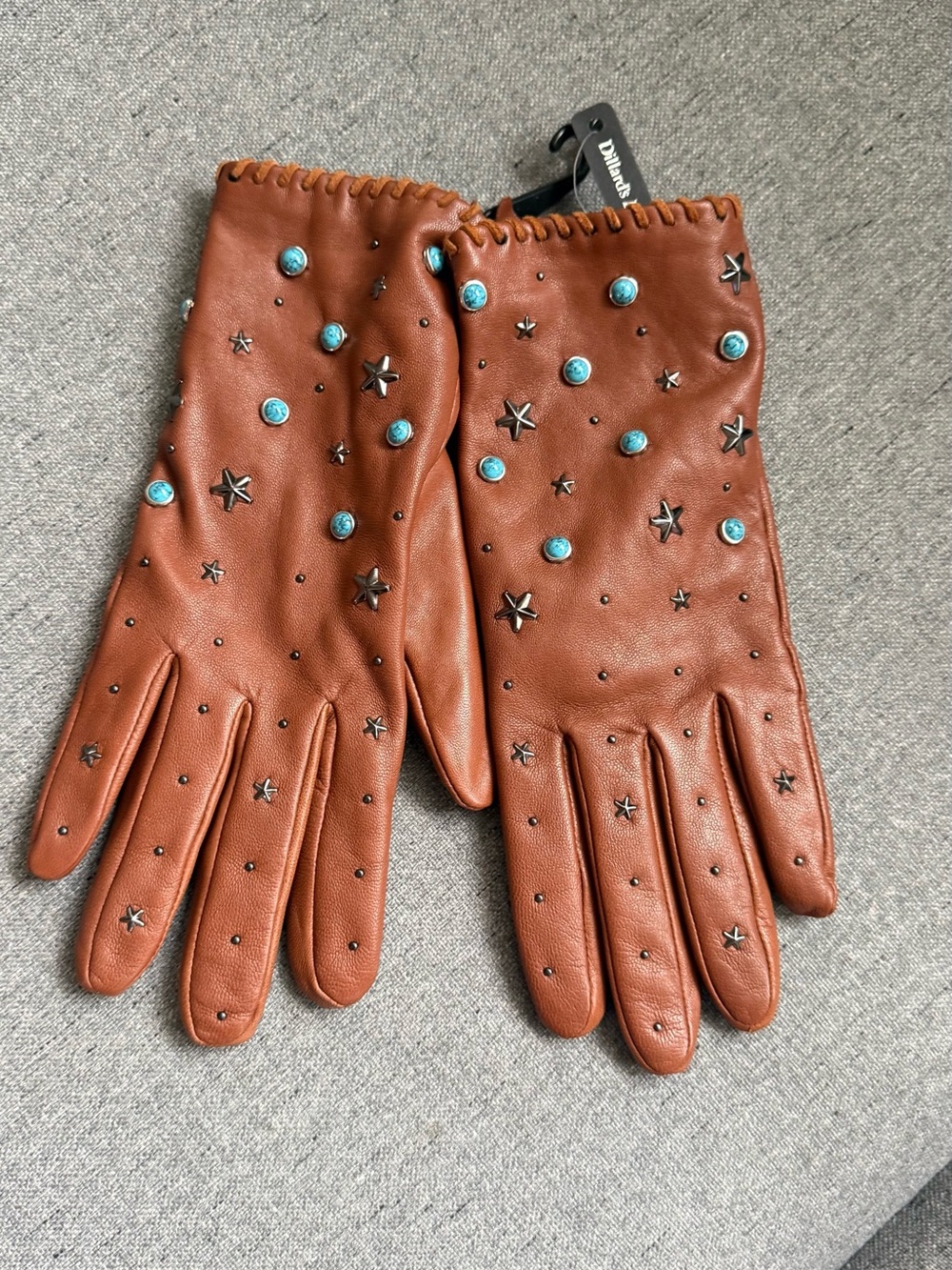 Fownes Brothers Genuine Leather Gloves L Brown Turquoise Star Studded Western